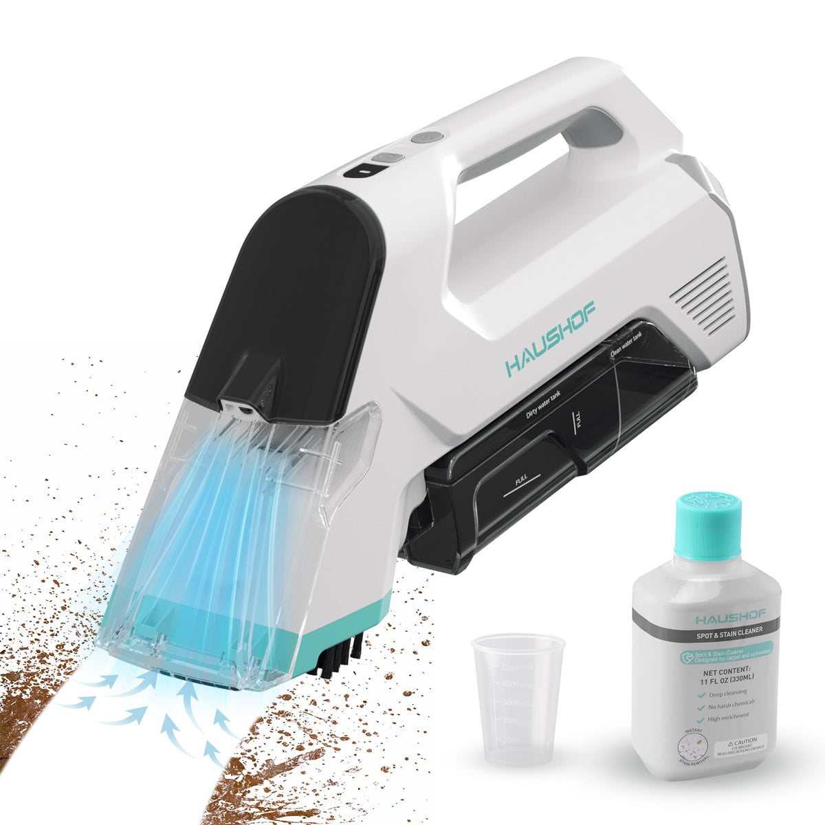 HAUSHOF handheld carpet cleaner in compact design for quick home cleaning.