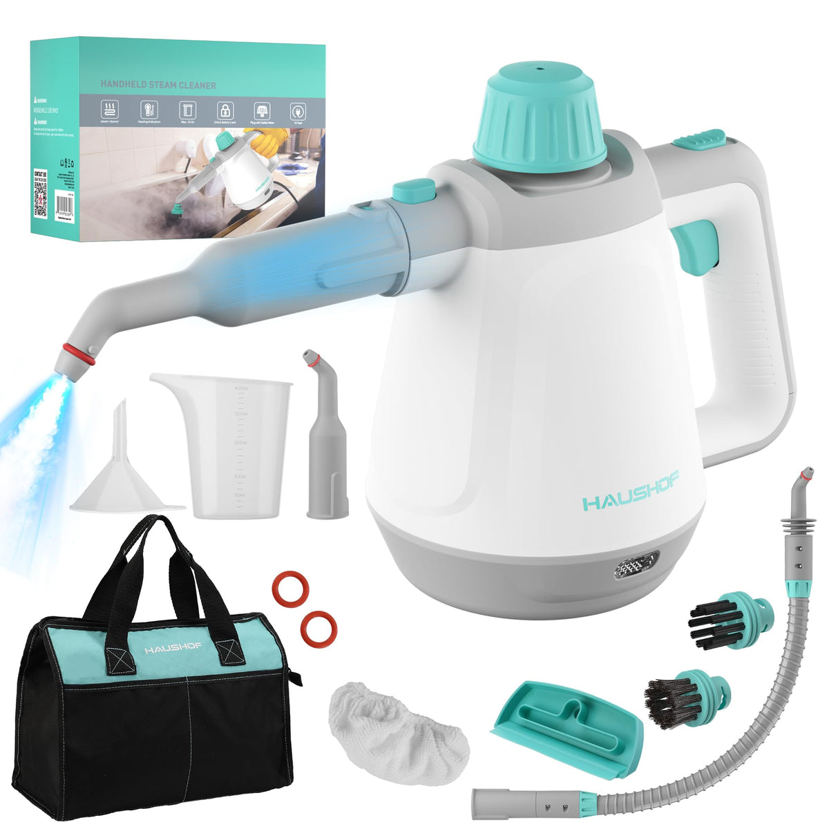 HAUSHOF handheld steam cleaner unit emits high-pressure steam for quick cleaning