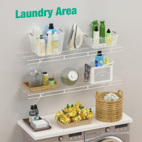 HAUSHOF shelves mounted in a laundry room setup for easy organization.