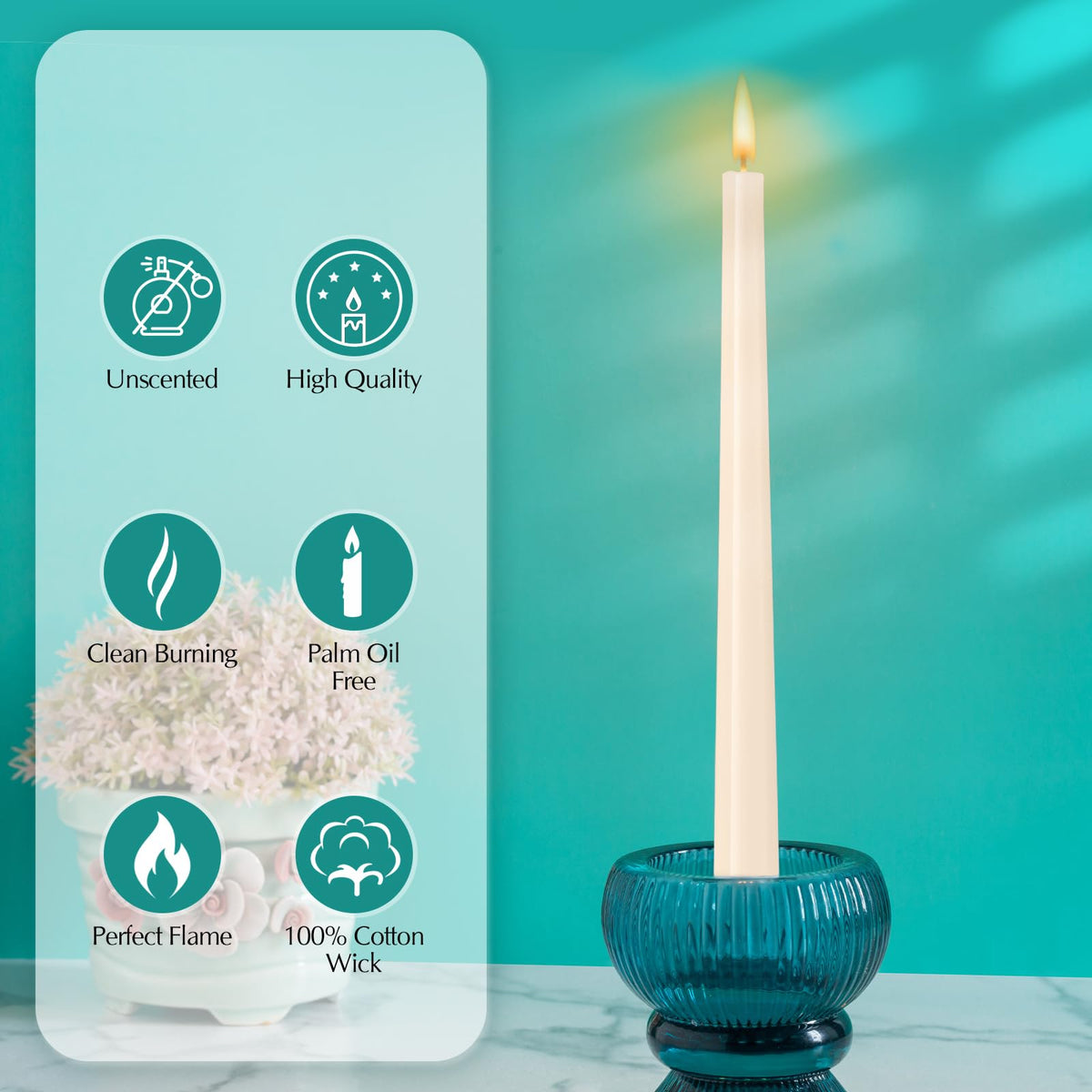 Hausware ivory taper candles set the table with warm dining ambience.