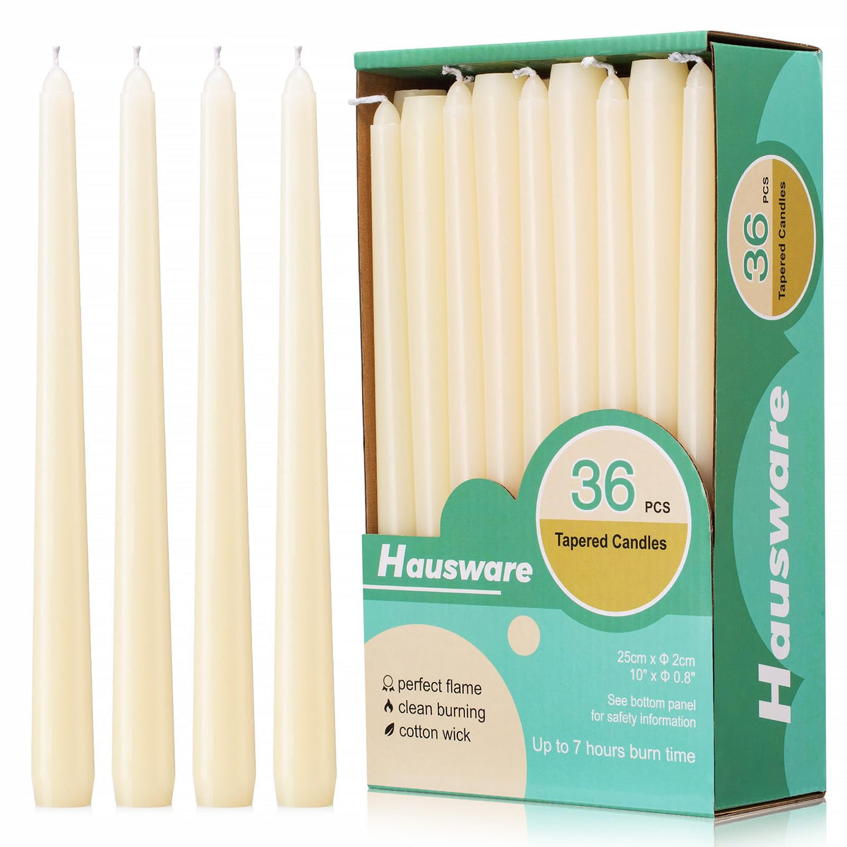 Hausware 36-pack ivory taper candles in a holder create elegant centerpieces.