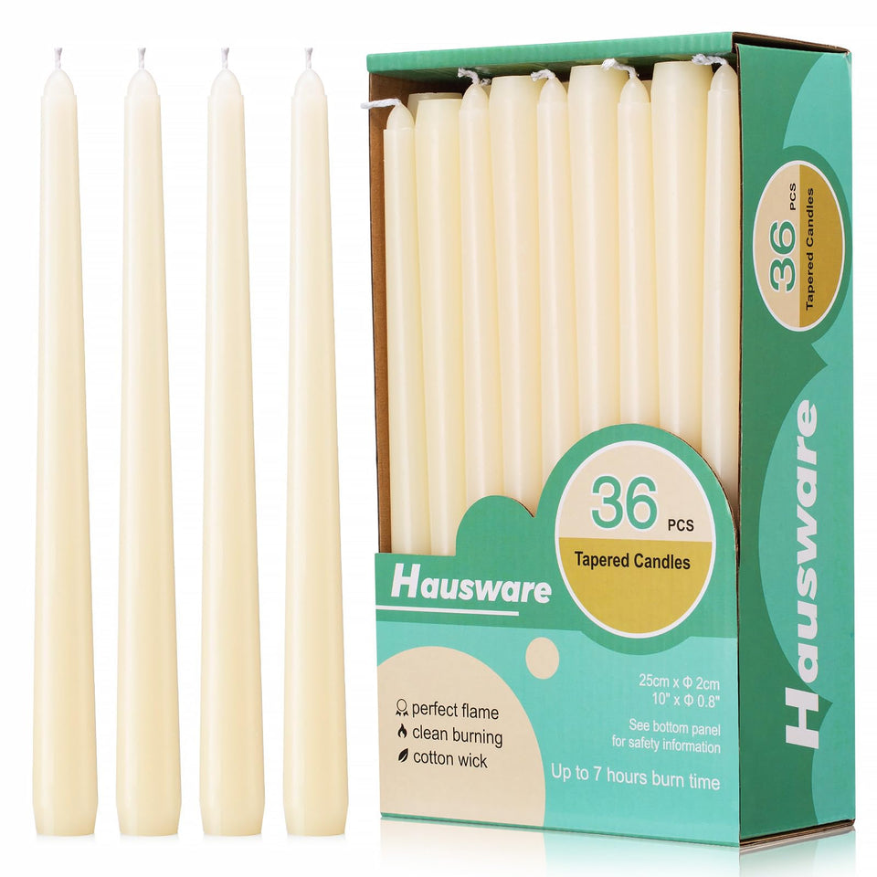 Hausware 36-pack ivory taper candles in a holder create elegant centerpieces.