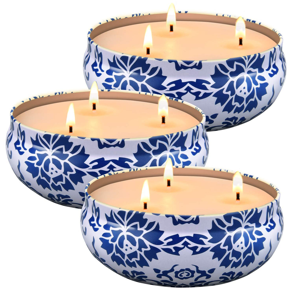 Hausware Citronella Candles 3-pack in blue tins for indoor and outdoor ambiance.