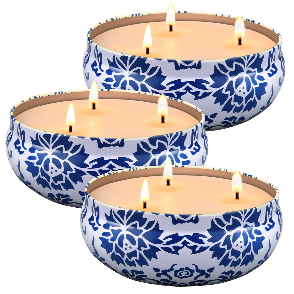 Hausware Citronella Candles 3-pack in blue tins for indoor and outdoor ambiance.