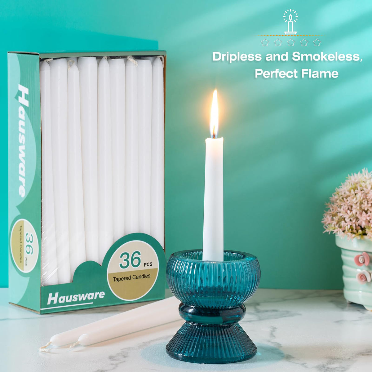 Hausware taper candles at a wedding setup with warm ambience