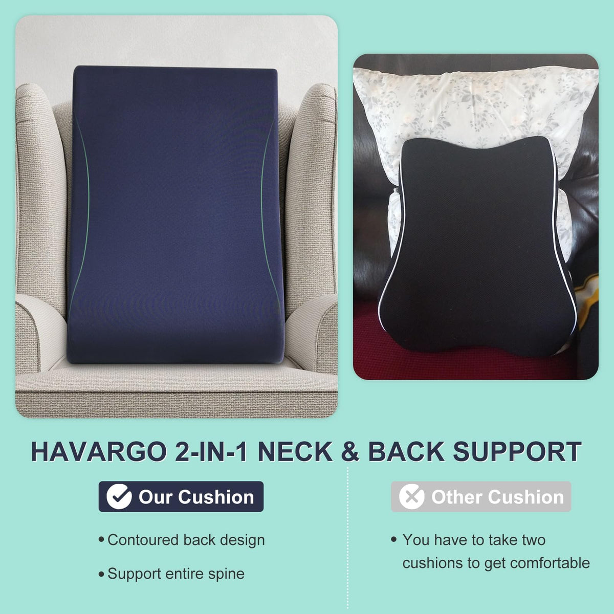 HAVARGO unified-neck-lumbar-cushion folds into the navy cover for cozy sofa sessions.