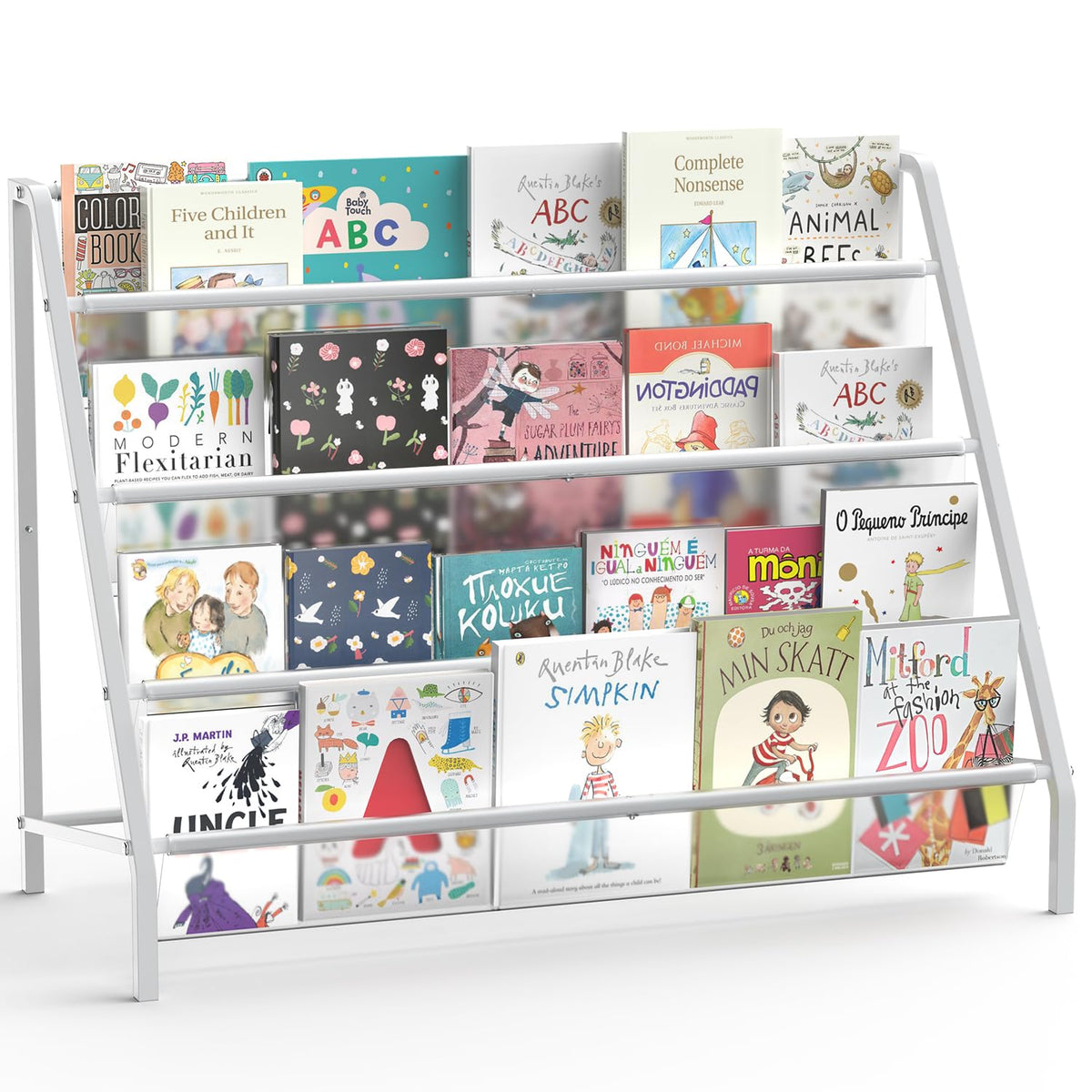 HAVEDAWN high-transparent 4-tier bookshelf front view for easy kid reach.
