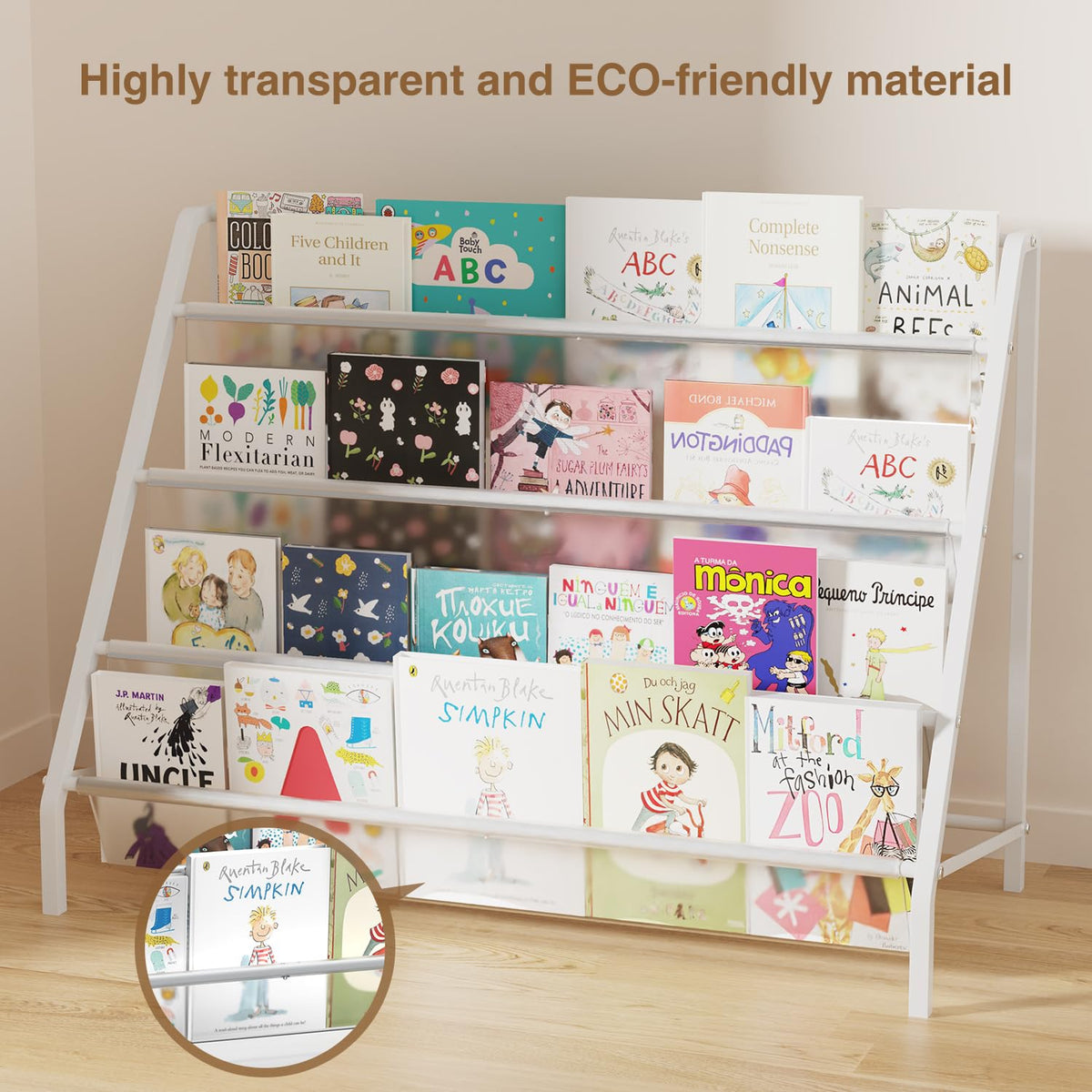 HAVEDAWN high-transparent 4-tier bookshelf side view for compact room fit.
