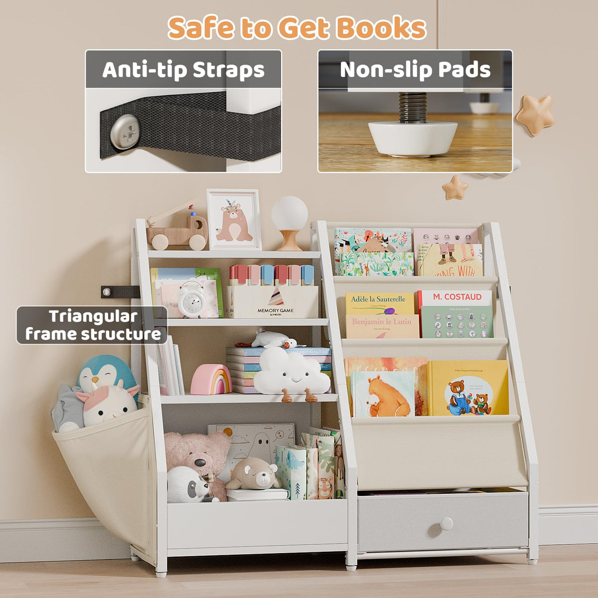 HAVLOTII front-facing book display supports early literacy and easy re-shelving.
