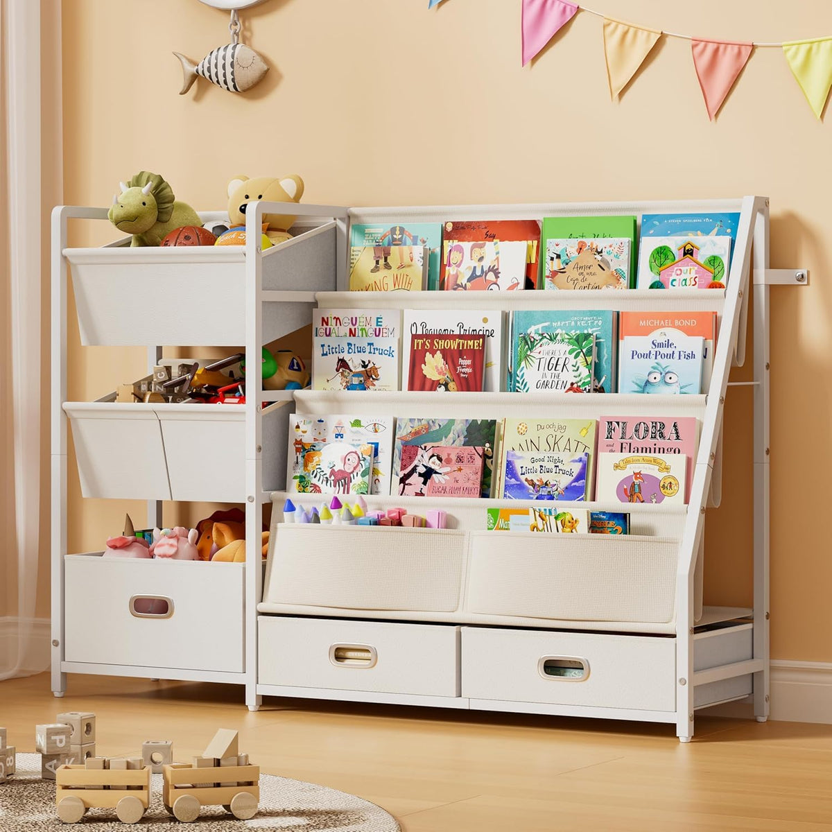 HAVLOTII kids bookshelf front view with easy-access book display for toddlers.