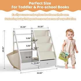 HAVLOTII kids bookshelf side view showing sturdy frame for safe playtime storage.