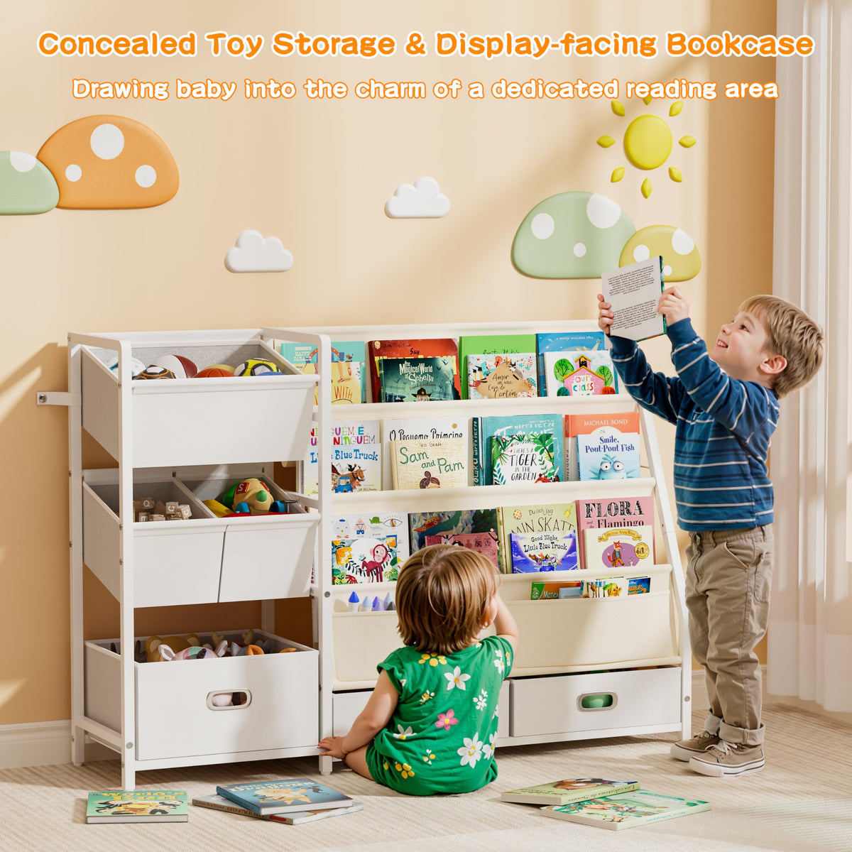 HAVLOTII all-in-one kids room organizer keeps toys and books tidy.