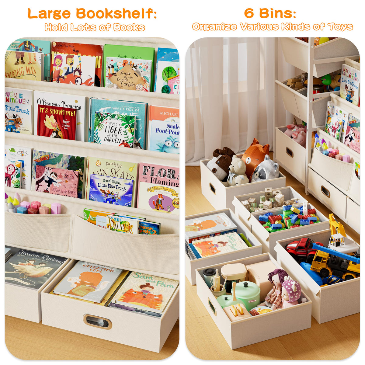 HAVLOTII Montessori bin layout for organized sorting of toys and books.