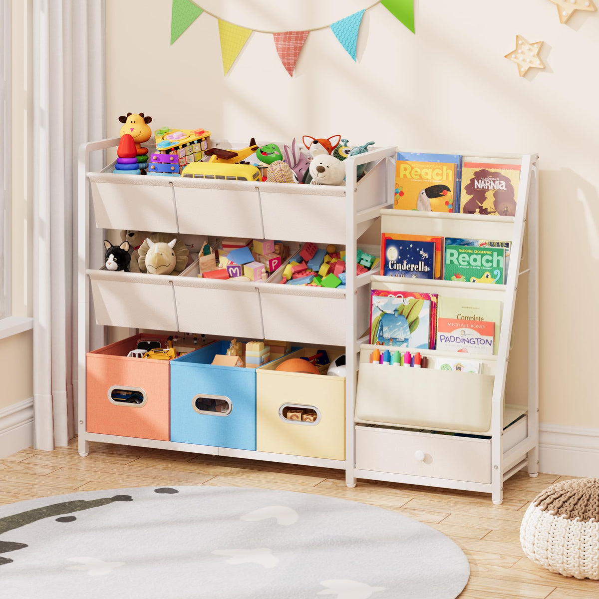 HAVLOTII toy storage organizer with 10 bins offers ample space for toys and books.