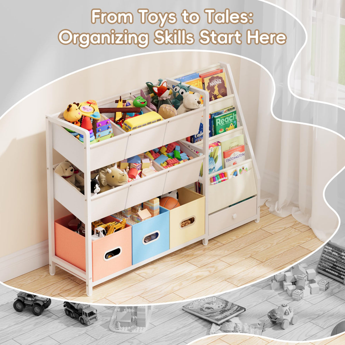 HAVLOTII canvas slings provide sturdy, breathable storage for toy bins.