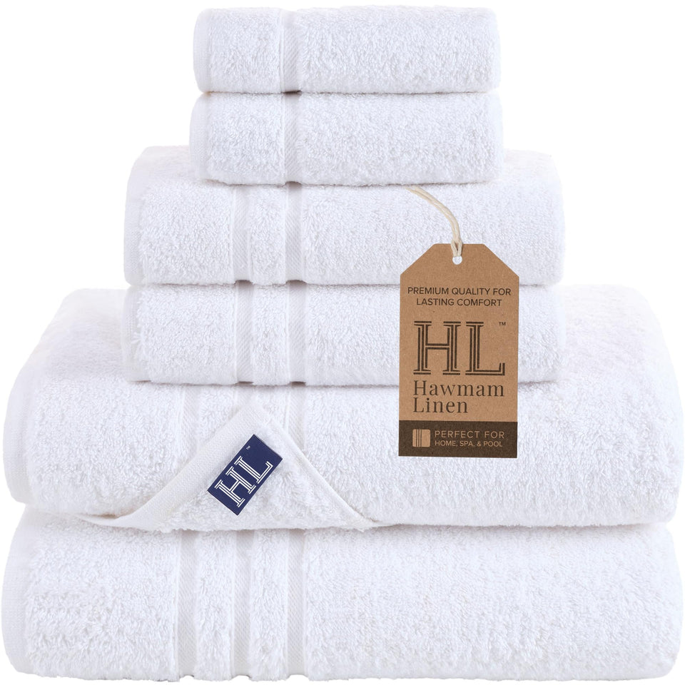 Hawmam Linen white six-piece towels main shot showing plush softness