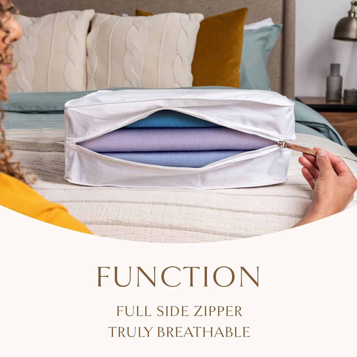 Organic cotton fabric sweater bag by Hayden Hill for breathable storage