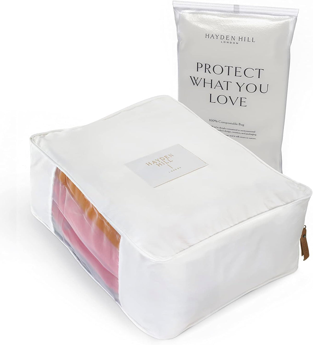 Hayden Hill sweater bag with organza panel protecting cashmere from dust and moths