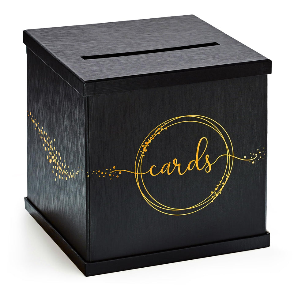 Hayley Cherie black gold card box front view showing a durable event holder
