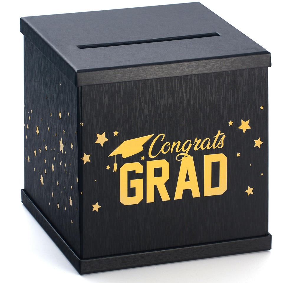 Hayley Cherie black gold graduation card box front view highlighting premium finish and design