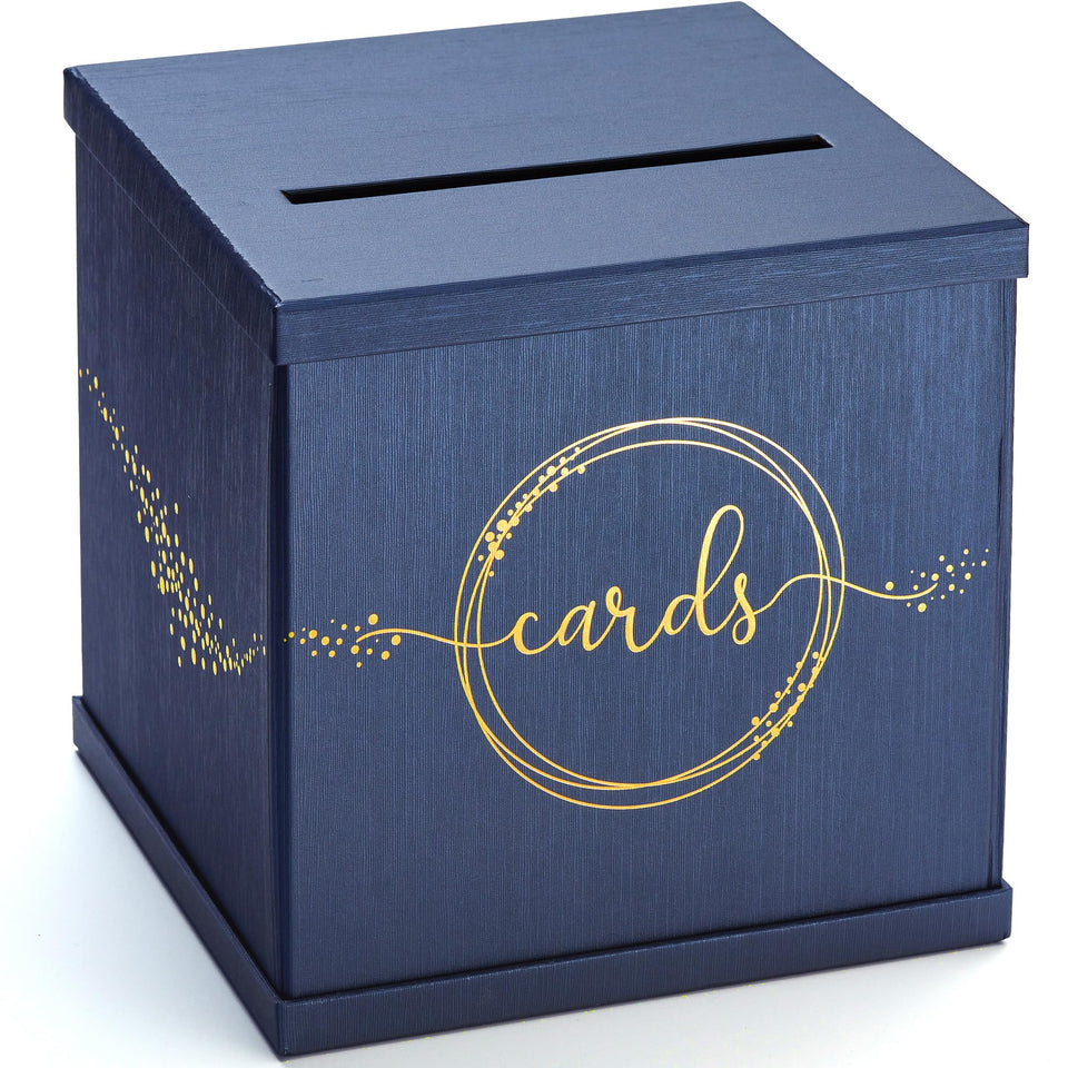 Hayley Cherie blue and gold card box front view, ideal for elegant gift table displays