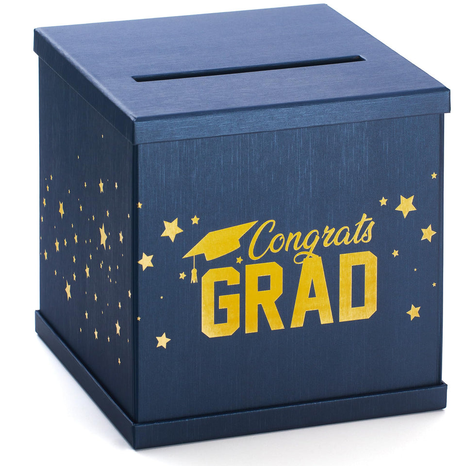 Hayley Cherie blue gold grad card box top view for secure card collection.