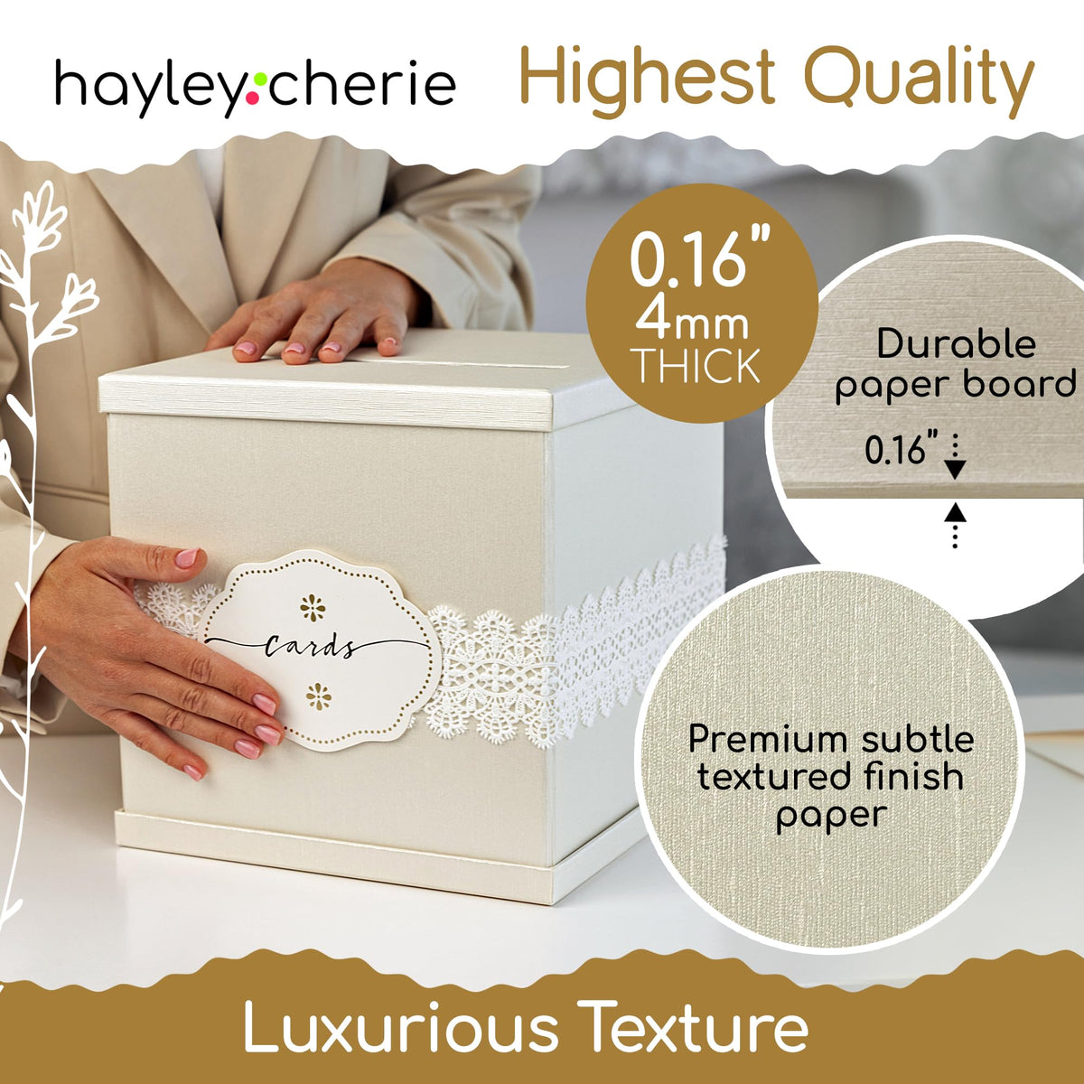 Hayley Cherie Ivory Card Box holds 150+ cards for peak event days.