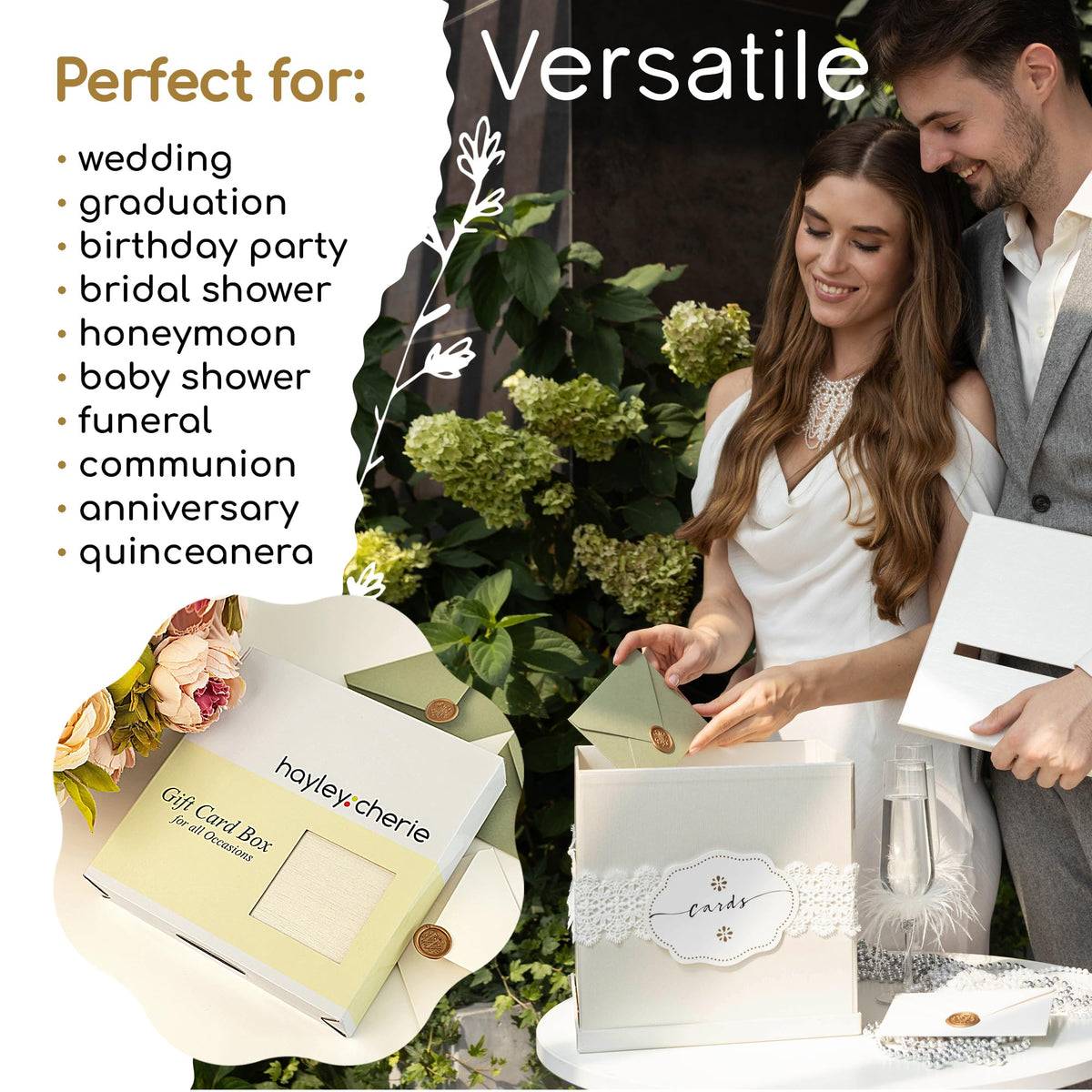 Hayley Cherie Ivory Card Box lace accessories and label for decorative customization.