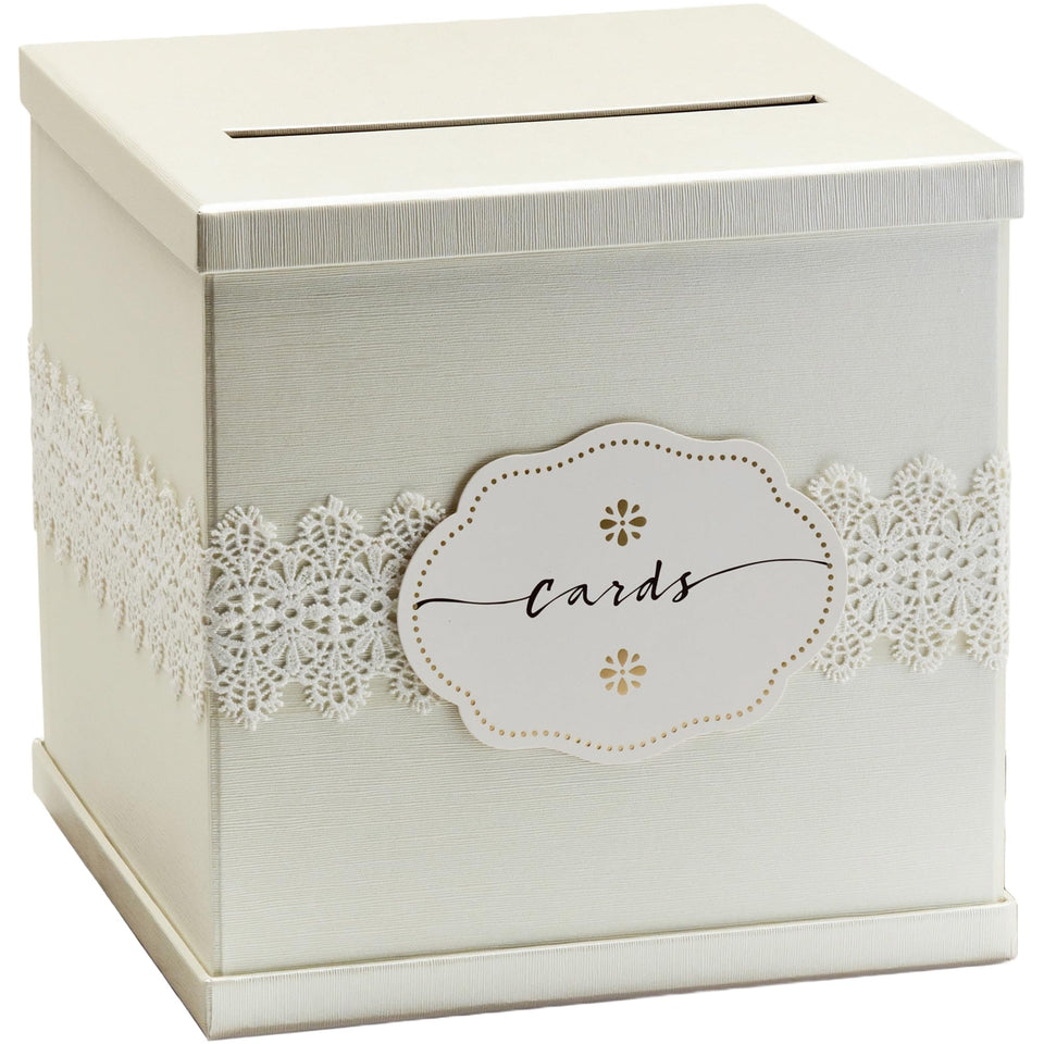 Hayley Cherie Ivory Wedding Card Box with open lid for easy card drop-offs.