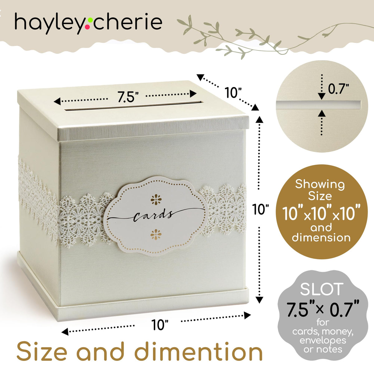 Hayley Cherie Ivory Wedding Card Box dimensions 10.2 inches square for spacious storage.