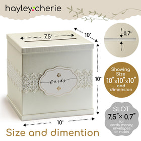Hayley Cherie Ivory Wedding Card Box dimensions 10.2 inches square for spacious storage.
