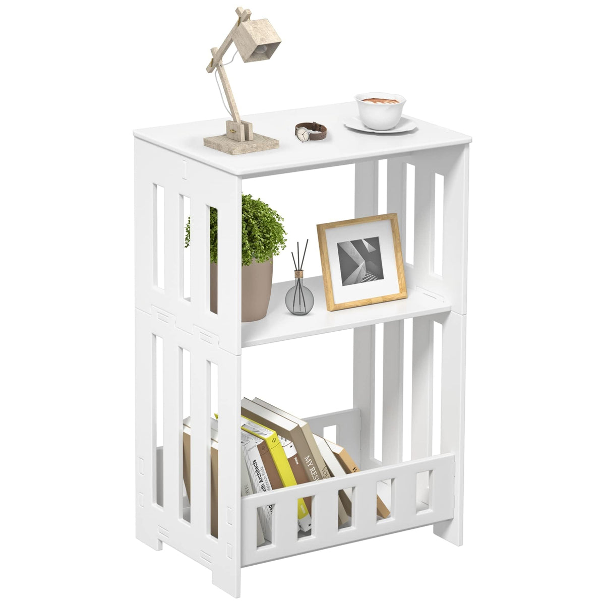 Hayofamy 3-tier side table front view showing compact storage in a small room