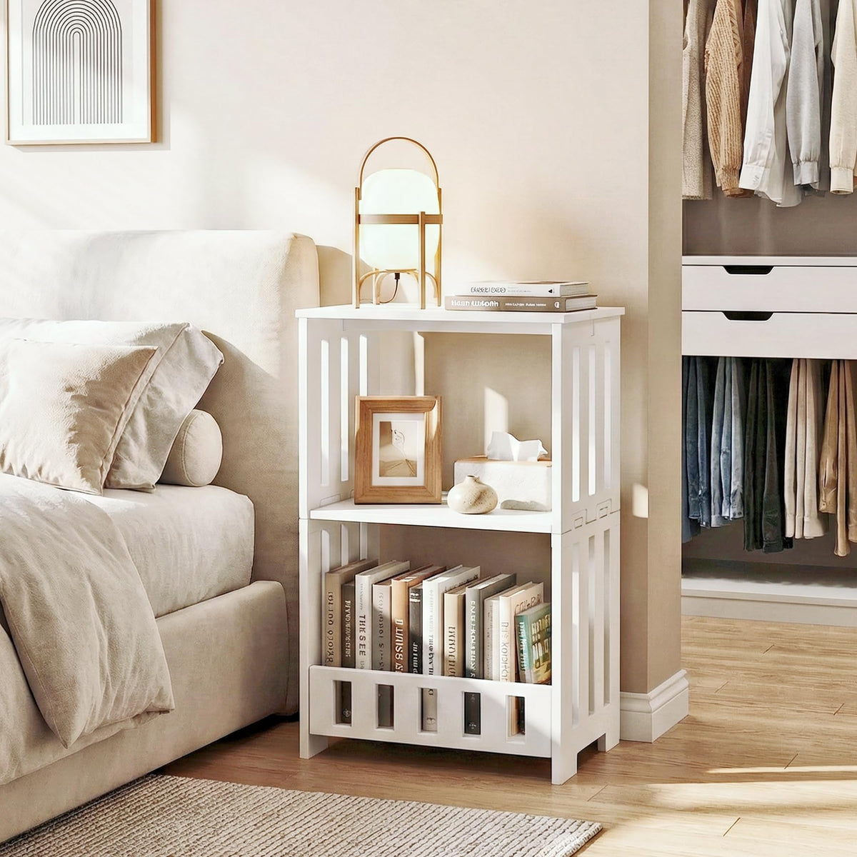 Hayofamy 3-tier side table side view highlighting slim footprint beside a sofa