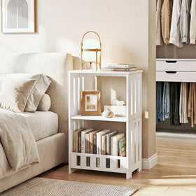Hayofamy 3-tier side table side view highlighting slim footprint beside a sofa