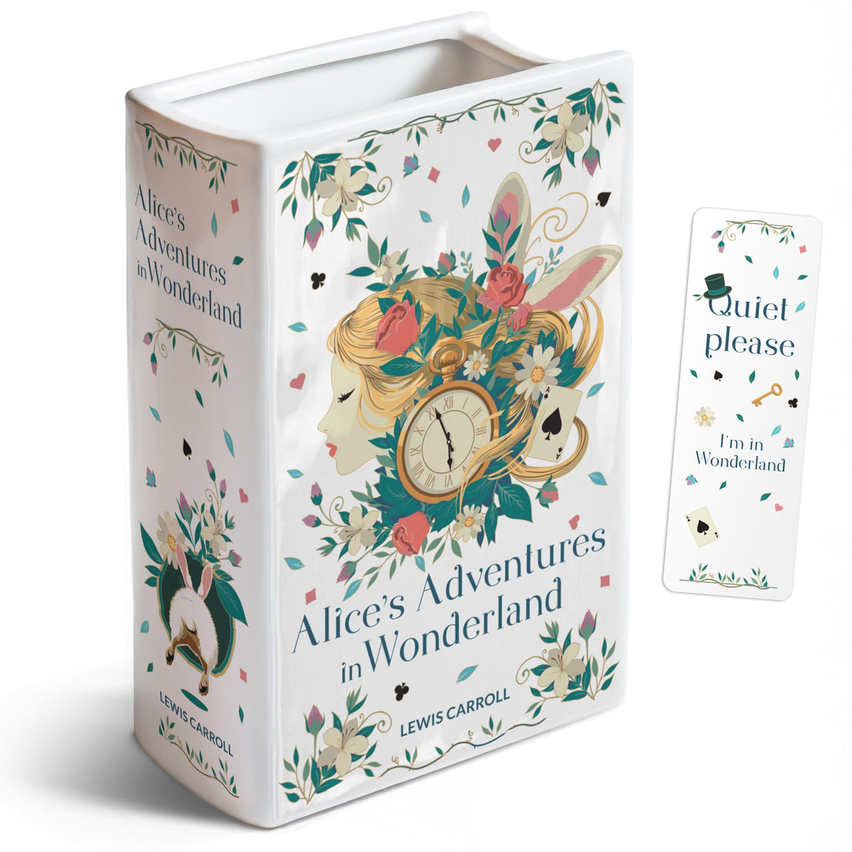 Hazel & Harold's Alice's Adventures book vase with cover art, ideal for bookshelf decor.