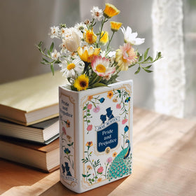 Hazel & Harold's Pride and Prejudice book vase serves as a stylish centerpiece.