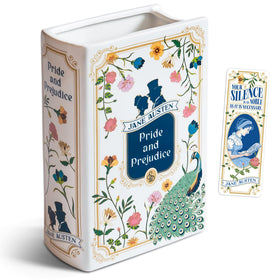 Hazel & Harold's Pride and Prejudice book vase with cover art enhances literary decor.