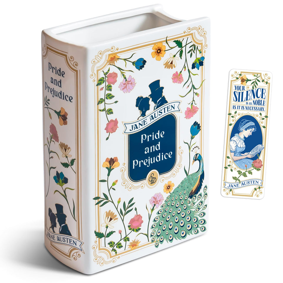 Hazel & Harold's Pride and Prejudice book vase with cover art enhances literary decor.