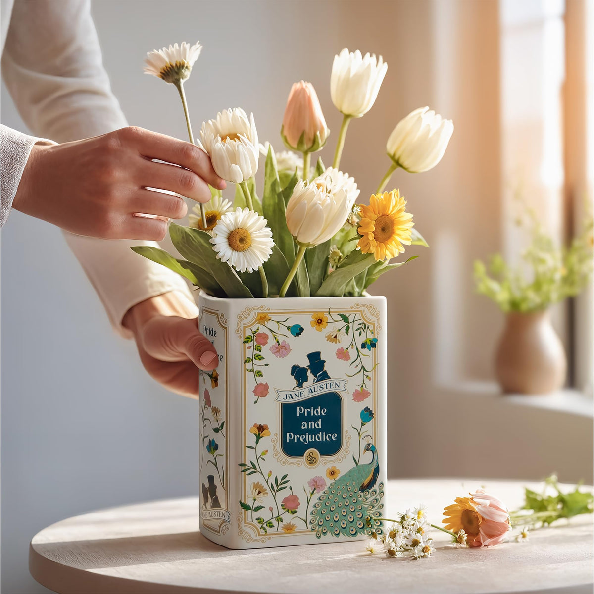 Hazel & Harold's Pride and Prejudice book vase in gift box ready for gifting.