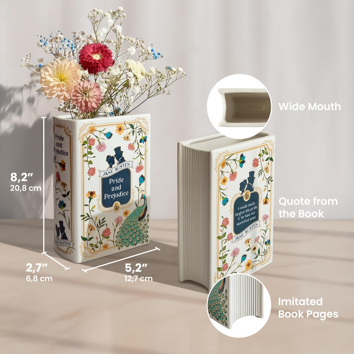 Hazel & Harold's Pride and Prejudice book vase mirrors real book size.