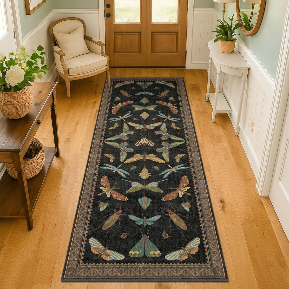 Hazo Haus 2x6 black entryway runner with insect motif for high-traffic hallways