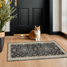 Hazo Haus Ashen Charcoal Floral rug front view, ideal for high-traffic entryways.