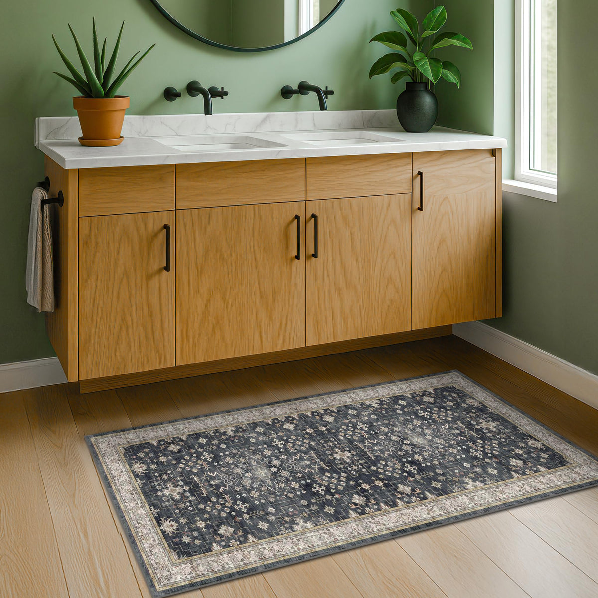 Hazo Haus Ashen Charcoal Floral rug pet-friendly and stain resistant.