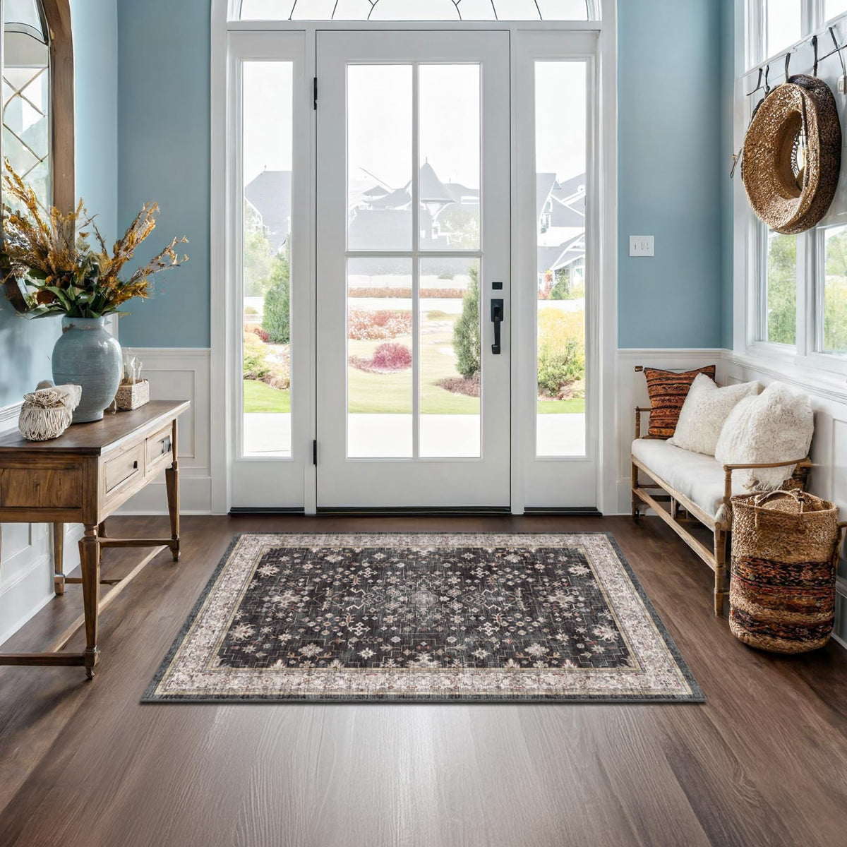 Hazo Haus Black Boho entry rug with non-slip backing for safe doorways