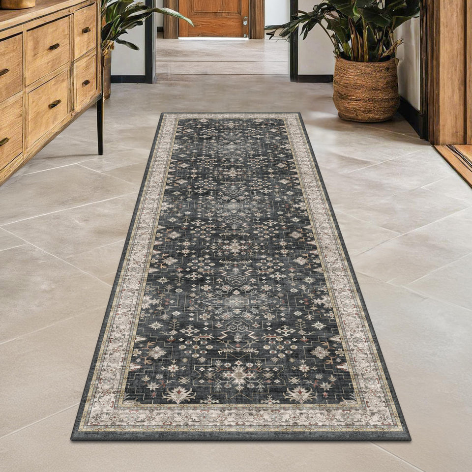 Hazo Haus Black Boho Runner in hallway with non-slip backing for safety