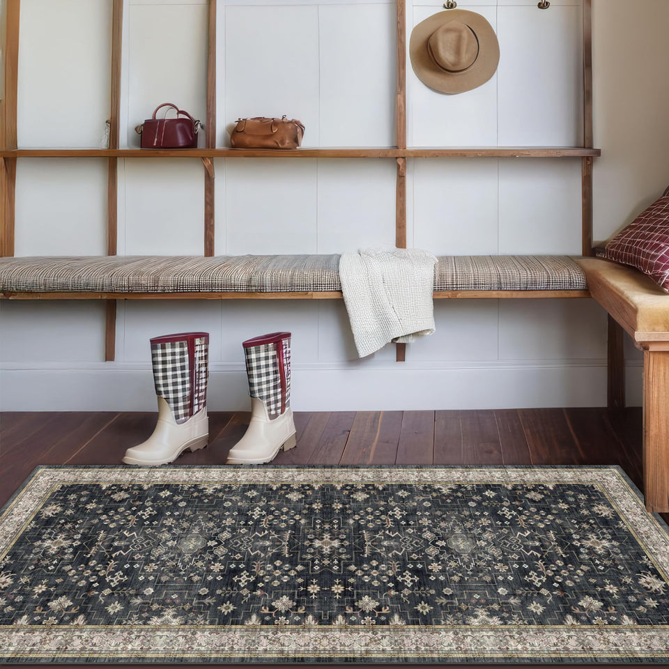 Hazo Haus black entryway 2x5 runner front view with non-slip backing for busy spaces