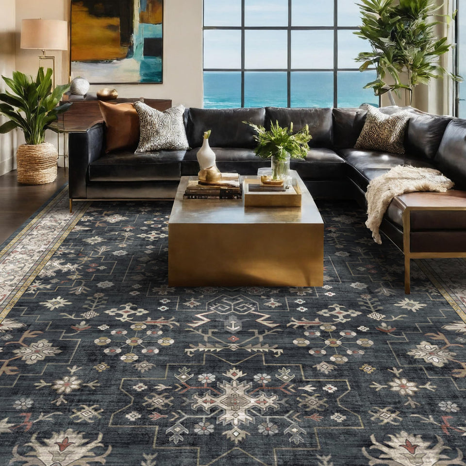 Hazo Haus Black Farmhouse rug in living room with non-slip backing for safety