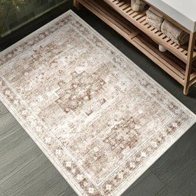 Hazo Haus Boho bathroom rug front view in beige latte adds cozy entryway style.