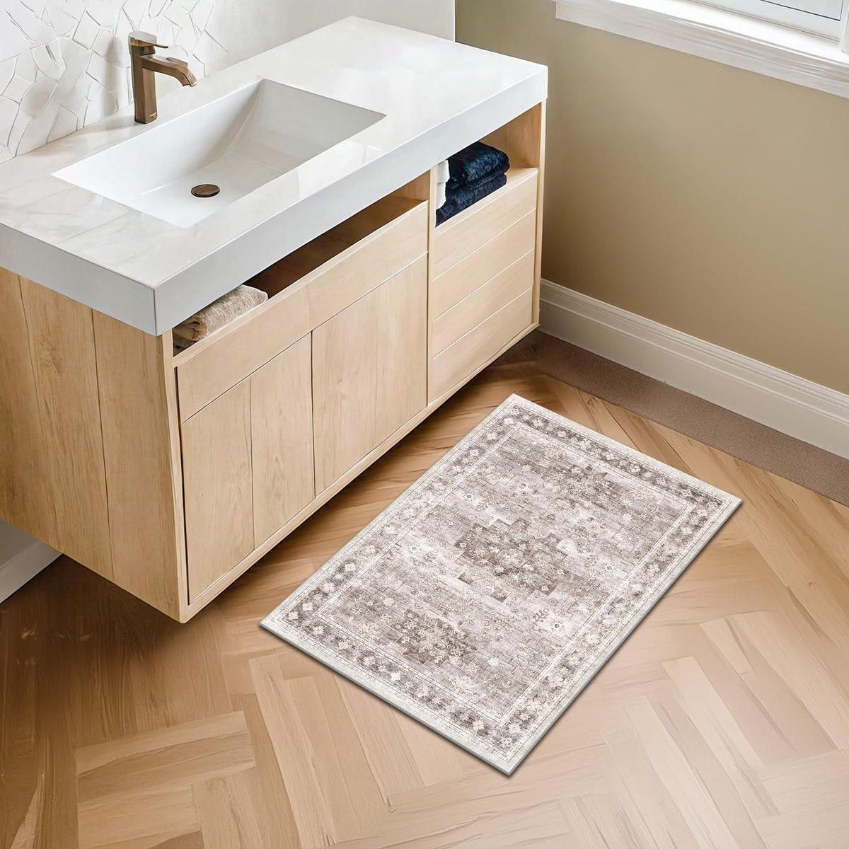 Hazo Haus boho rug's non-slip back keeps it securely in place.