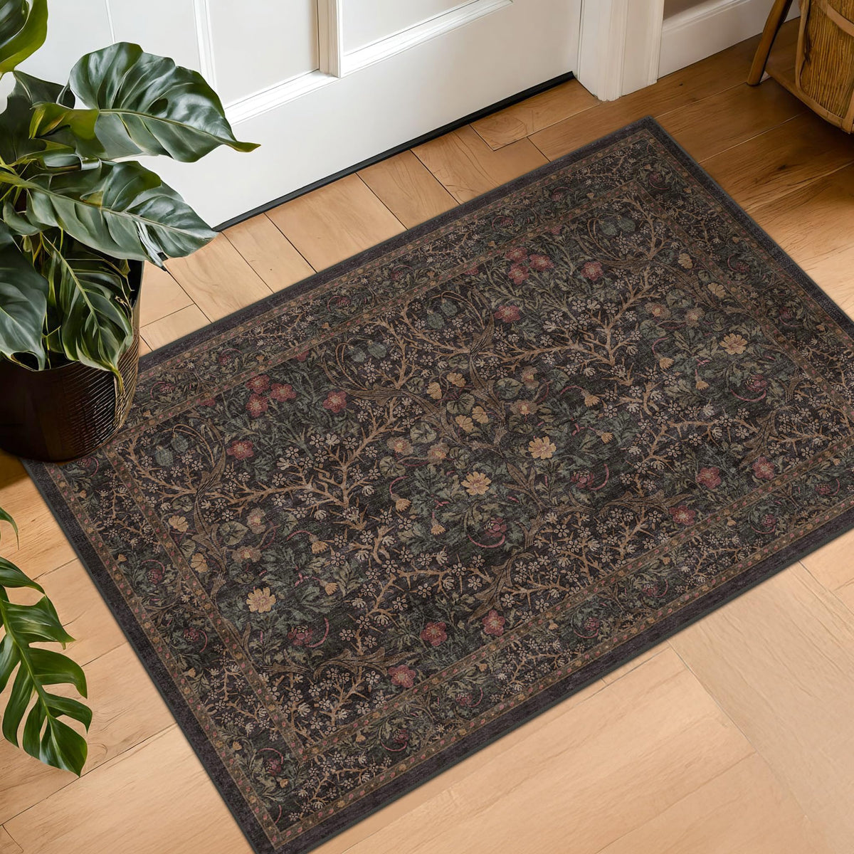 Hazo Haus Boho Brown Entryway Rug adds vintage floral style and a non-slip welcome for your entry